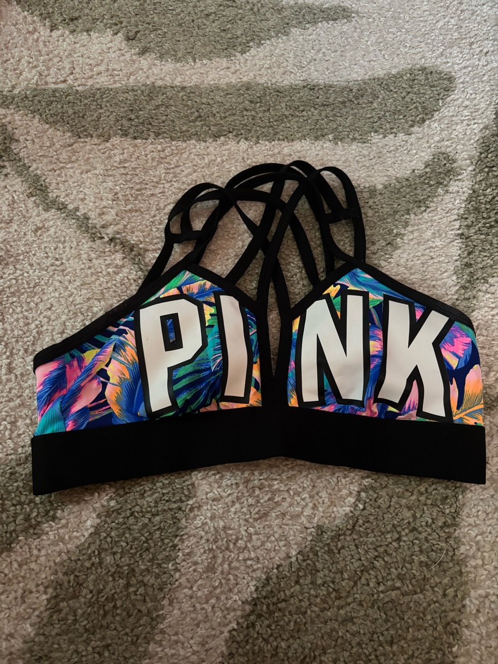 Victoria's Secret PINK Multicolor Neon Tropical Sports Bra with Black Trim - Picture 2 of 10